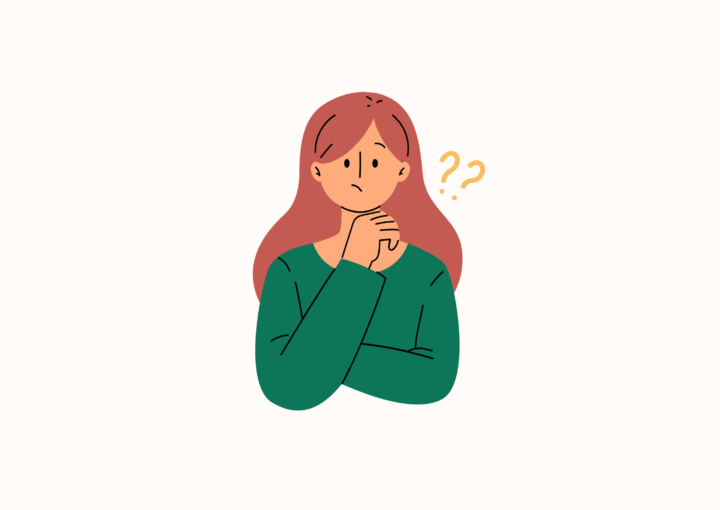 Choisir entre écriture inclusive et SEO. Dessin d'une femme ayant une expression de questionnement sur son visage. À côté de son visage, deux points d'interrogation.